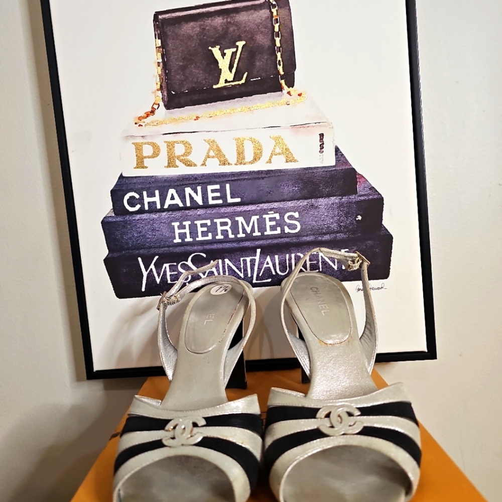 AUTH vintage blk/metallic silverChanel Heels